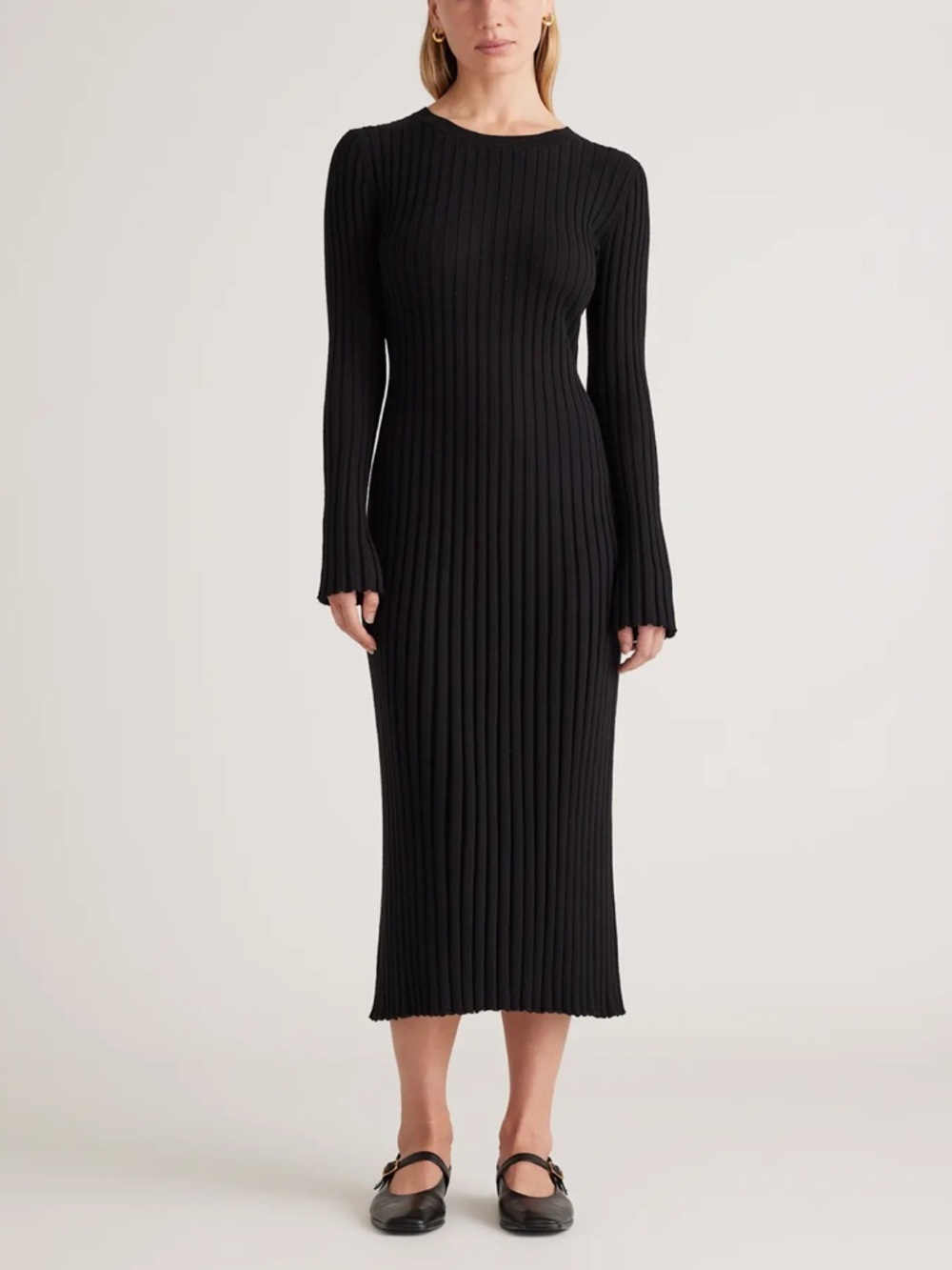 🌷Quince Cotton Cashmere Ribbed Black Long-Sleeve Crew Midi Dress #65